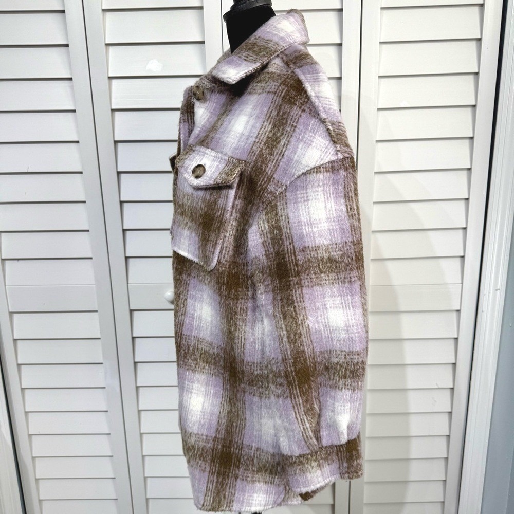 Bagatelle Womens Plaid Shacket M Purple Brown Oversized Flannel Fall Jacket Coat - Picture 5 of 11